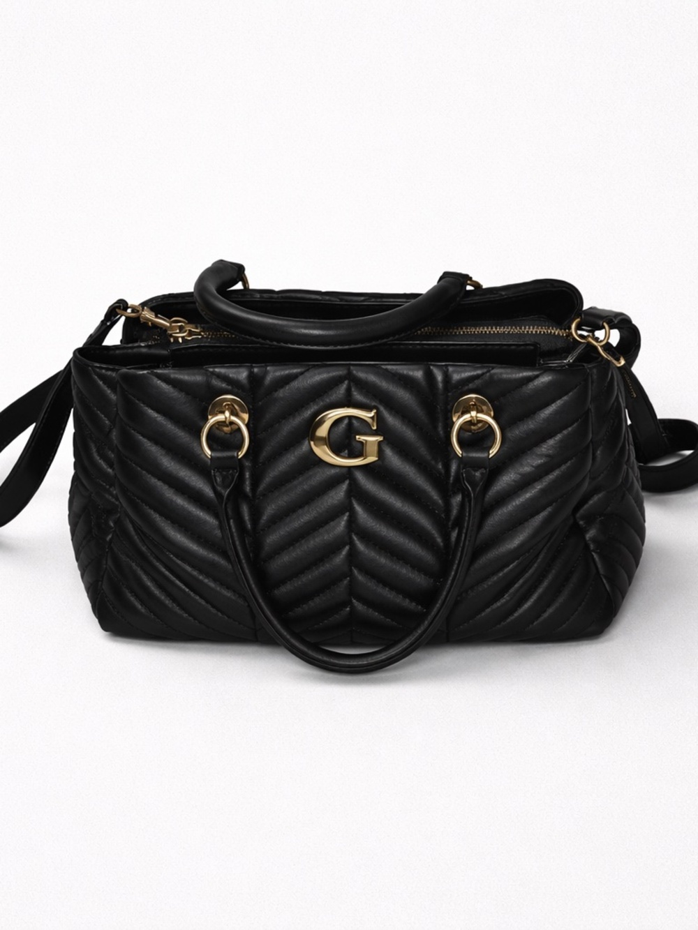 Guess Black Vegan Leather Quilted Satchel Handbag with Gold Accents